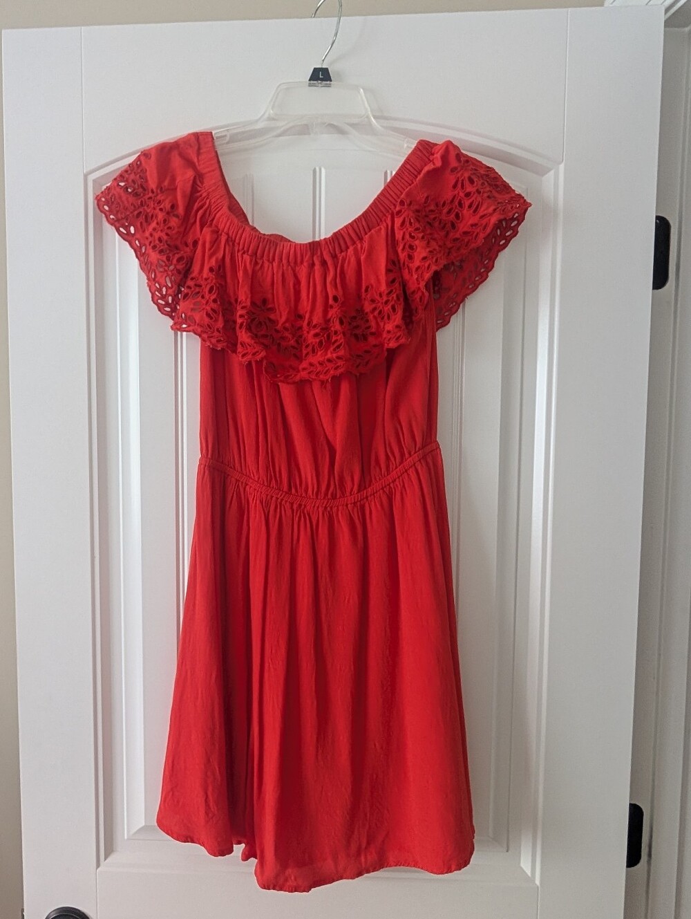 XS LOFT Red Eyelet Off-The-Shoulder Tiered Dress